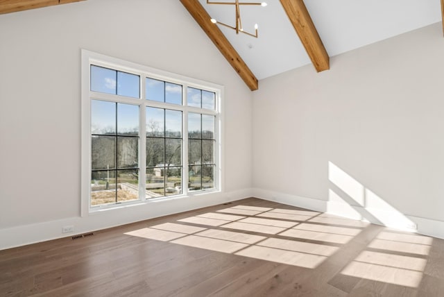 unfurnished room with hardwood / wood-style floors, beamed ceiling, and high vaulted ceiling