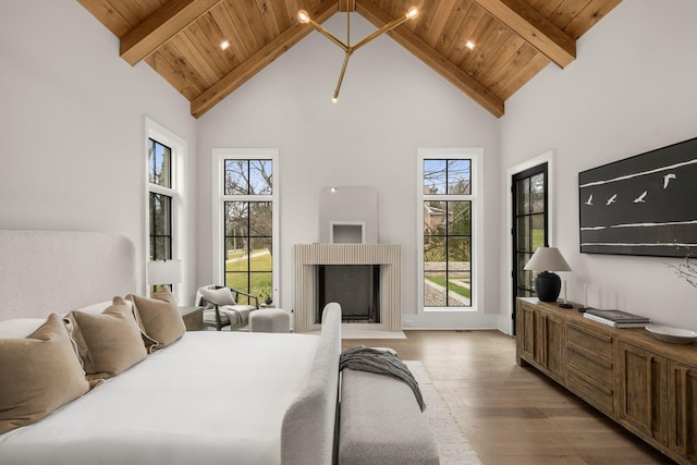 bedroom with beamed ceiling, high vaulted ceiling, light hardwood / wood-style flooring, and wooden ceiling