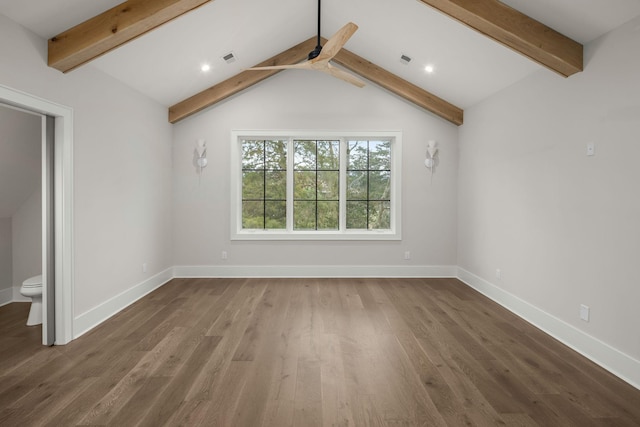 unfurnished living room with ceiling fan, hardwood / wood-style floors, and vaulted ceiling with beams