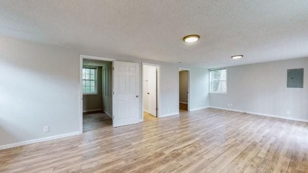 spare room featuring light wood-type flooring, electric panel, and a textured ceiling