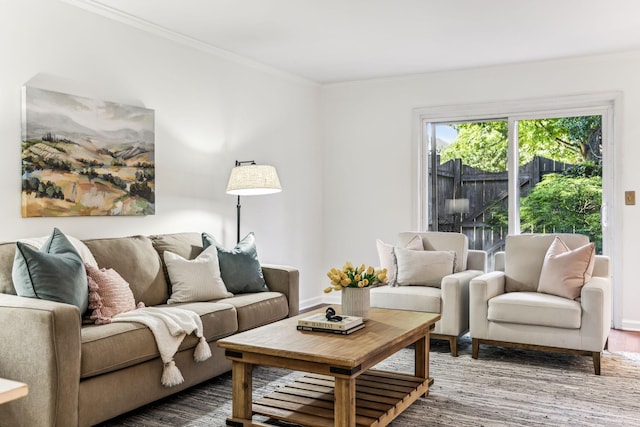 living room featuring hardwood / wood-style flooring and crown molding