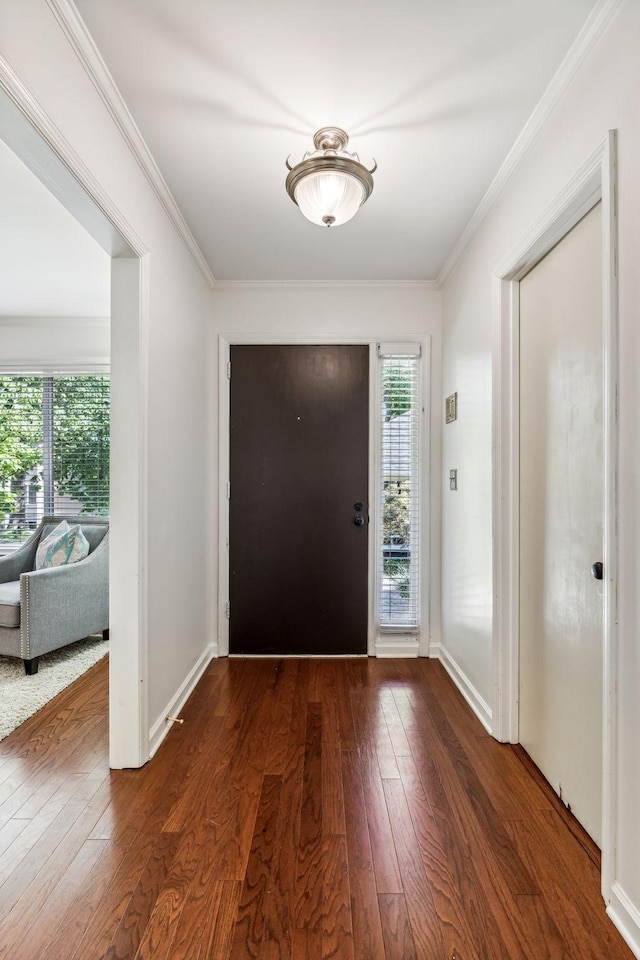 entrance foyer featuring dark hardwood / wood-style flooring and ornamental molding