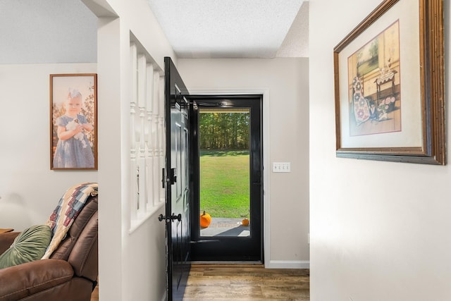 entryway with hardwood / wood-style flooring and a textured ceiling