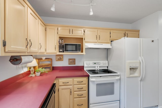 kitchen with track lighting, white appliances, and light brown cabinetry