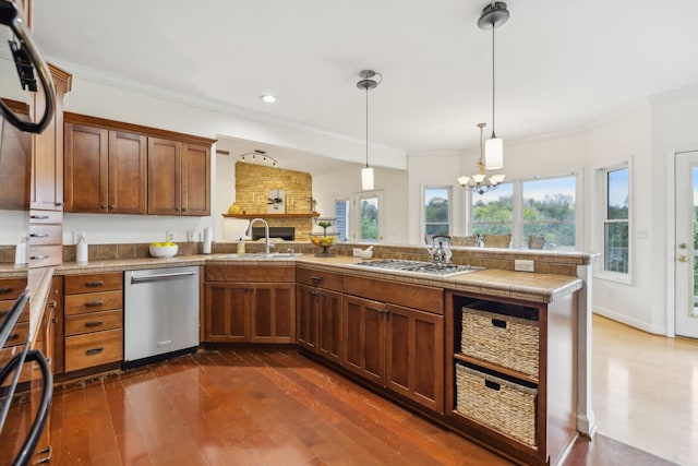 kitchen featuring crown molding, pendant lighting, sink, dark hardwood / wood-style floors, and stainless steel appliances