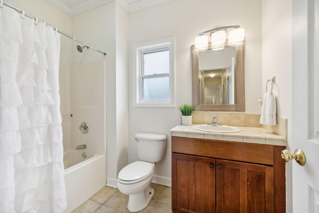 full bathroom with crown molding, tile patterned flooring, toilet, vanity, and shower / bath combo with shower curtain