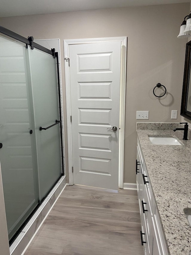 bathroom with a shower with door, vanity, and wood-type flooring