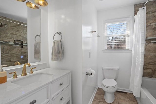 full bathroom featuring toilet, vanity, and shower / bath combo