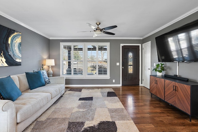 living room with ceiling fan, dark hardwood / wood-style floors, and ornamental molding