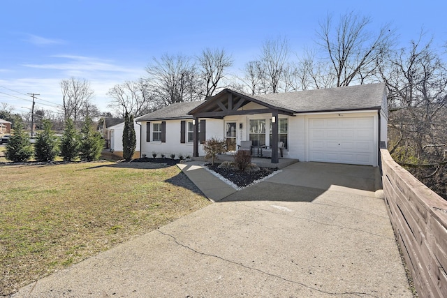 single story home featuring a garage, a front yard, and covered porch