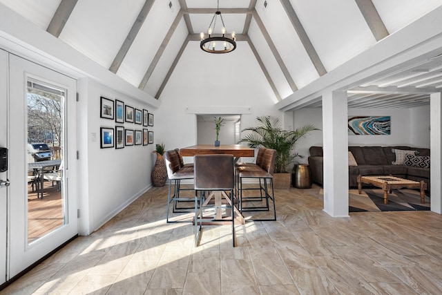 dining space featuring a notable chandelier, high vaulted ceiling, and beam ceiling