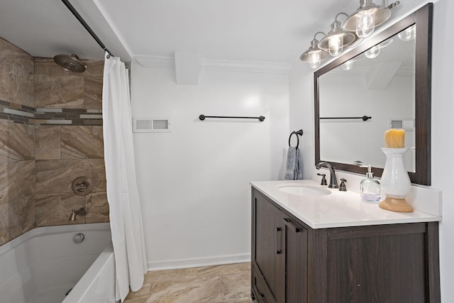 bathroom with crown molding, vanity, and shower / tub combo with curtain