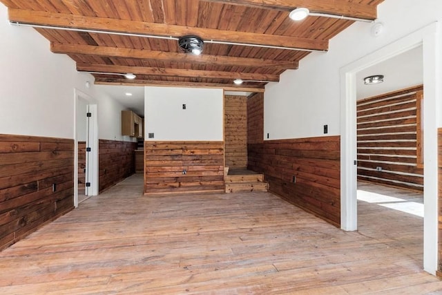 empty room featuring beam ceiling, wooden walls, light hardwood / wood-style floors, and wooden ceiling