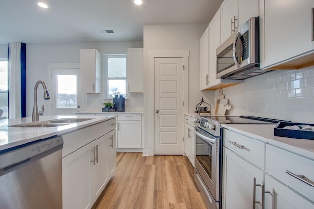 kitchen featuring sink, white cabinetry, light hardwood / wood-style floors, decorative backsplash, and stainless steel appliances