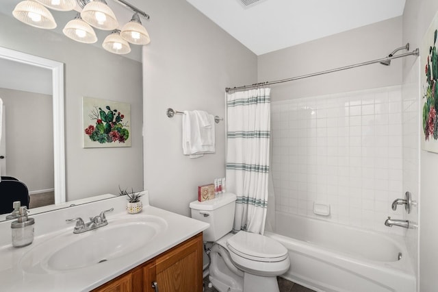 full bathroom featuring vanity, toilet, and shower / tub combo with curtain