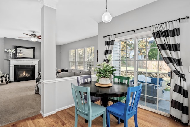 dining room with ceiling fan and light colored carpet