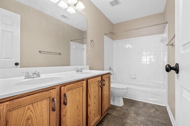 bathroom with double vanity, visible vents, shower / washtub combination, and a sink