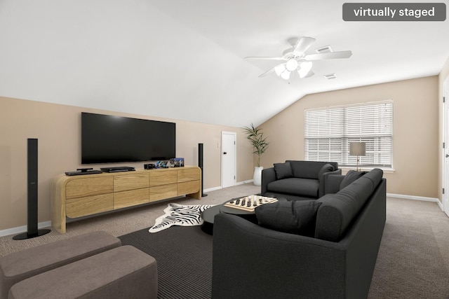 living room featuring carpet floors, lofted ceiling, visible vents, ceiling fan, and baseboards