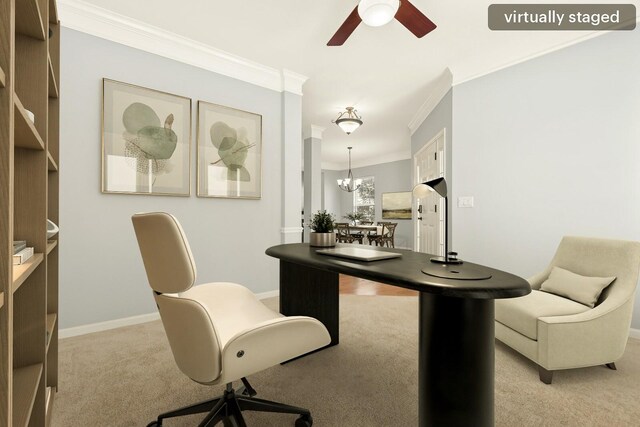 home office featuring light carpet, baseboards, crown molding, and ceiling fan with notable chandelier