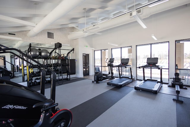 exercise room with a towering ceiling