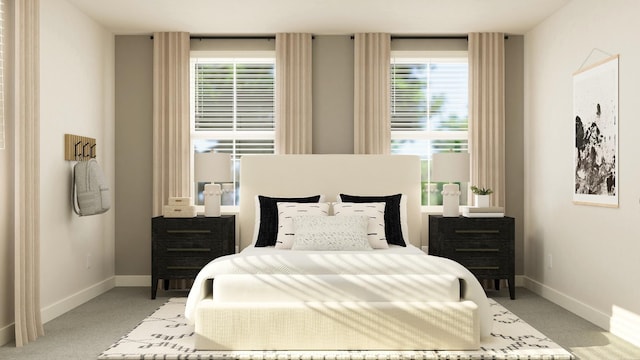 bedroom featuring light colored carpet