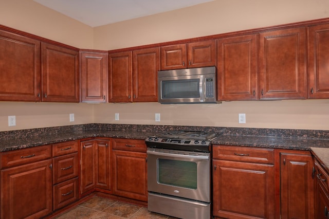 kitchen featuring stainless steel appliances and dark stone counters