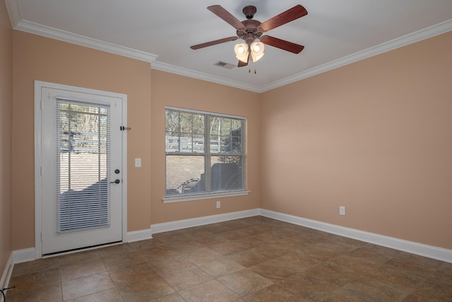 doorway featuring ceiling fan and ornamental molding