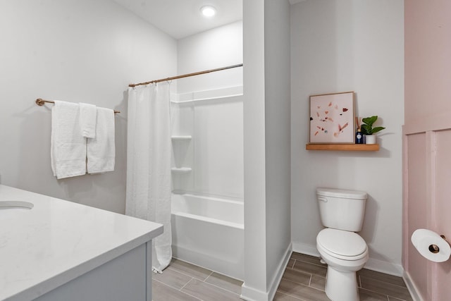 full bathroom with vanity, toilet, and shower / bathtub combination with curtain