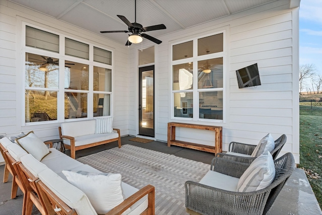 view of patio with an outdoor hangout area and ceiling fan