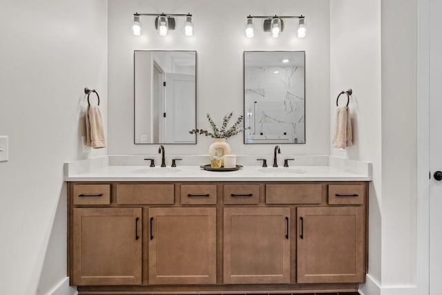 bathroom featuring a shower and vanity