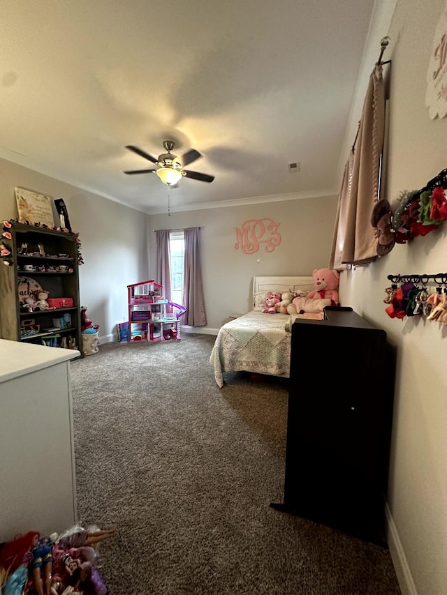 carpeted bedroom featuring ceiling fan and ornamental molding