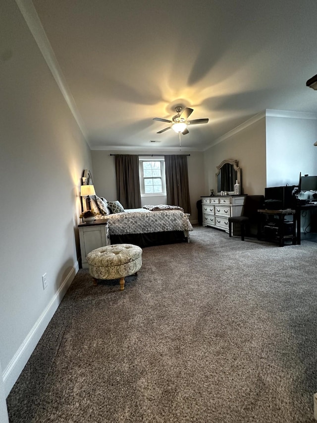 bedroom featuring ceiling fan, carpet, and crown molding