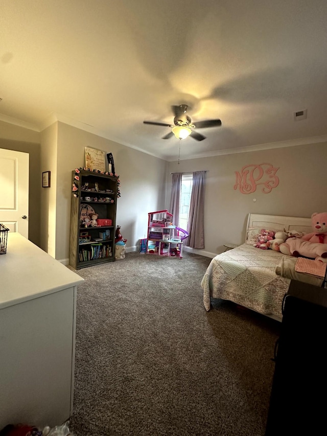 bedroom with carpet floors, ceiling fan, and ornamental molding