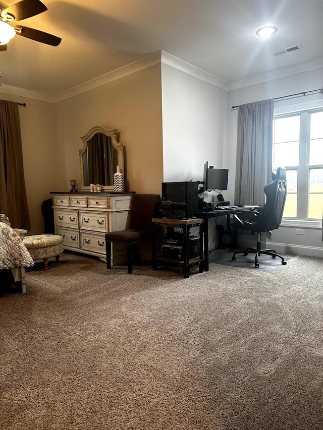 office area with ceiling fan, crown molding, and carpet floors