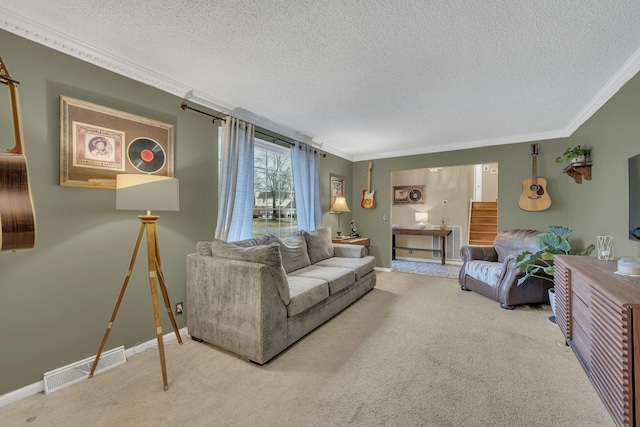 carpeted living room featuring a textured ceiling and ornamental molding