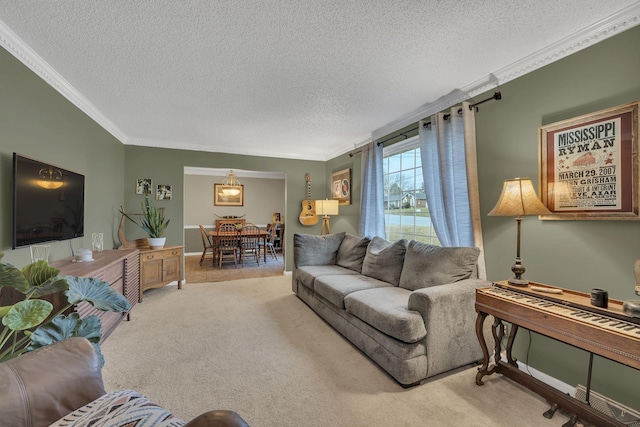 carpeted living room with a textured ceiling and crown molding