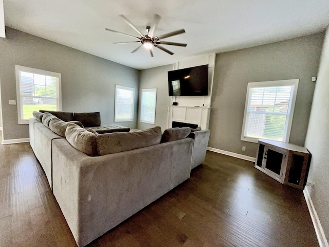 living room with ceiling fan and dark wood-type flooring