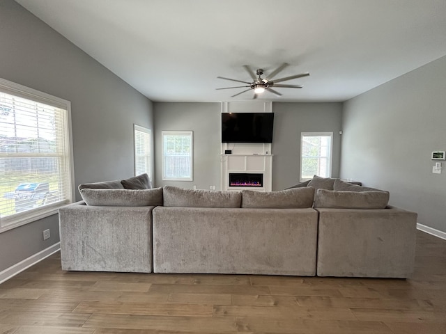 living room featuring hardwood / wood-style flooring, ceiling fan, and plenty of natural light