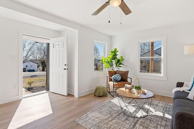 interior space featuring ceiling fan and light hardwood / wood-style flooring