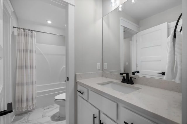 full bathroom with toilet, vanity, and shower / bath combination with curtain