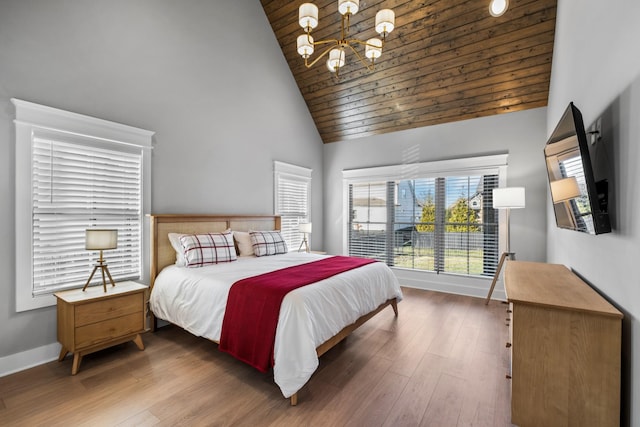 bedroom featuring hardwood / wood-style flooring, a chandelier, and wood ceiling