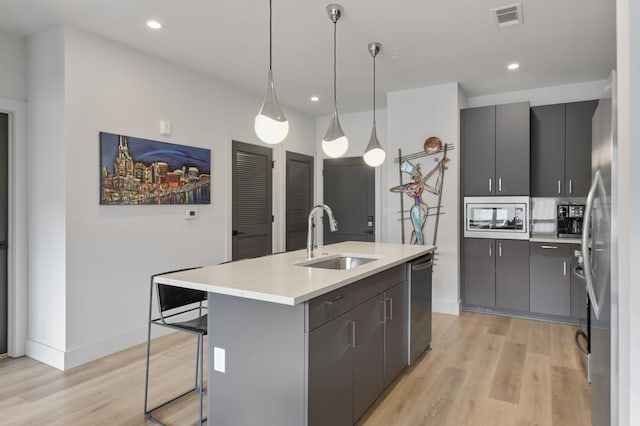 kitchen featuring pendant lighting, a kitchen bar, stainless steel appliances, sink, and a kitchen island with sink