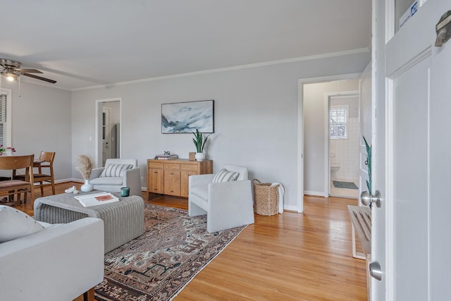 living room with light wood-type flooring, ceiling fan, and crown molding