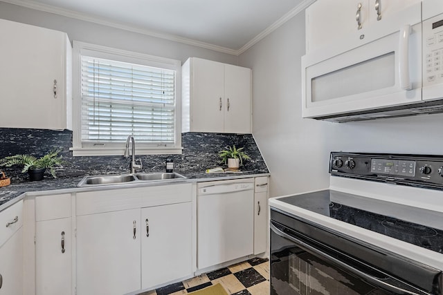 kitchen with white appliances, white cabinetry, decorative backsplash, sink, and ornamental molding