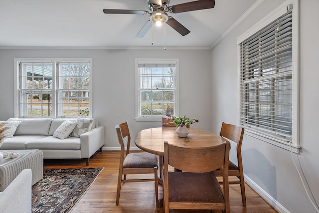 dining space with plenty of natural light, hardwood / wood-style flooring, ceiling fan, and ornamental molding