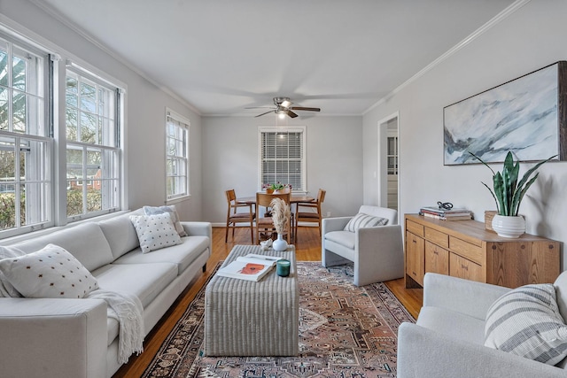 living room featuring ceiling fan, crown molding, and dark hardwood / wood-style flooring