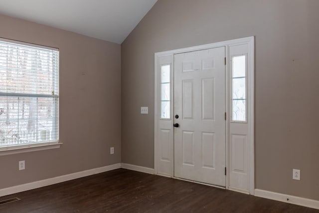 foyer featuring a wealth of natural light, dark wood-type flooring, and lofted ceiling