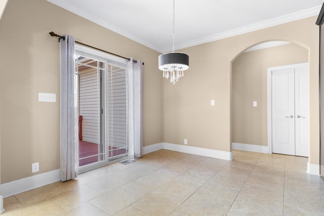 tiled empty room featuring crown molding and an inviting chandelier