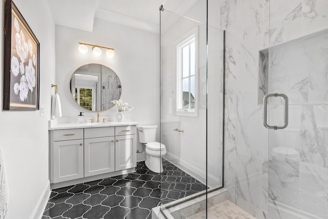 bathroom featuring vanity, toilet, walk in shower, and ornamental molding