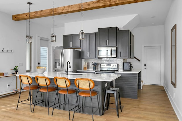 kitchen featuring appliances with stainless steel finishes, tasteful backsplash, decorative light fixtures, beam ceiling, and a center island with sink